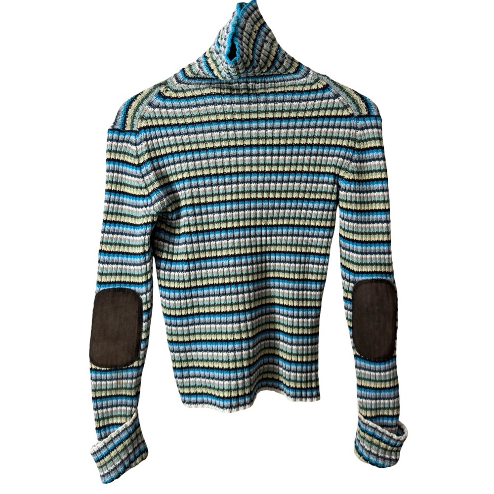 Vintage 90s Striped Gap Sweater Leather Elbow Patch XS Turtleneck 100% Cotton - Picture 4 of 13